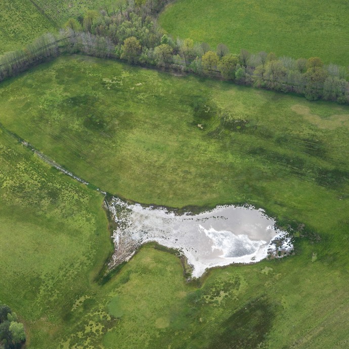 Blick von weit oben auf ein Flachgewässer mitten in der grünen Landschaft. (vergrößerte Bildansicht wird geöffnet)