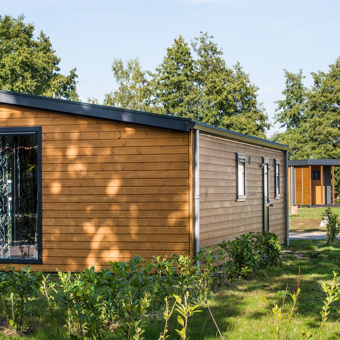 Im Mittelpunkt steht ein kleines Ferienhaus auf dem Campingplatz. Es ist aus Holz gebaut und ist von grünen Bäumen umgeben. (vergrößerte Bildansicht wird geöffnet)