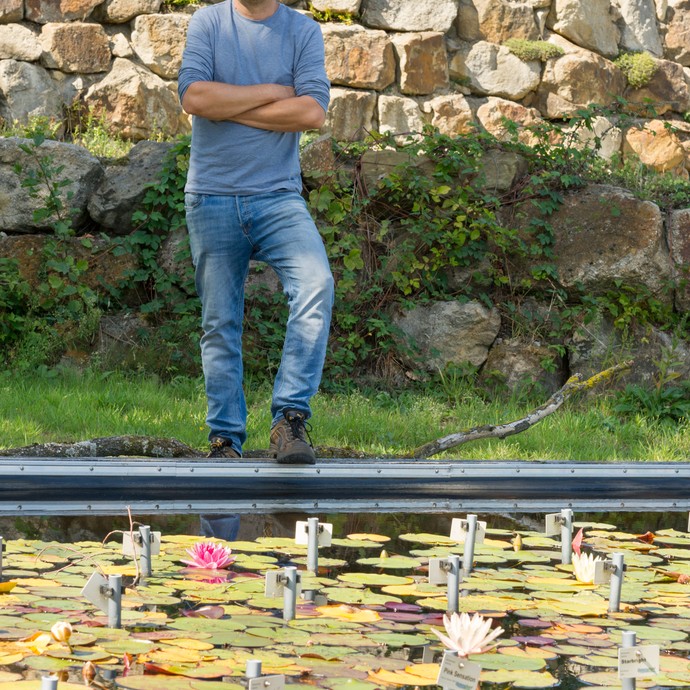 Im Vordergrund ist eine Wasserfläche von bunten Seerosen bedeckt. Dahinter steht Dr. Holger Kraus und schaut in die Kamera. (vergrößerte Bildansicht wird geöffnet)